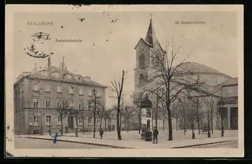 AK Karlsruhe, Pestalozzischule, St. Stephanikirche
