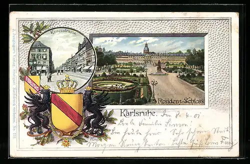 Lithographie Karlsruhe, Residenz Schloss, Kaiserstrasse