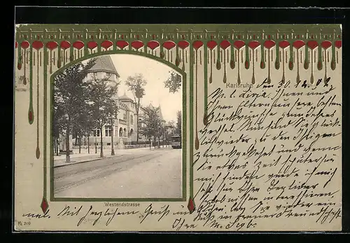 AK Karlsruhe, Westendstrasse mit Strassenbahn