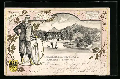 Lithographie Karlsruhe, Schwarzwaldhaus und Lauterberg im Stadtgarten, Radfahrer