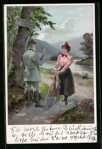Lithographie Jäger belehrt die junge Frau mit dem Fahrrad, Für Radfahrer verboten!