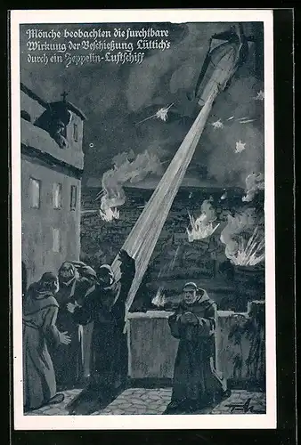 Künstler-AK Lüttich, Mönche beobachten Zerstörungskraft von Zeppelin