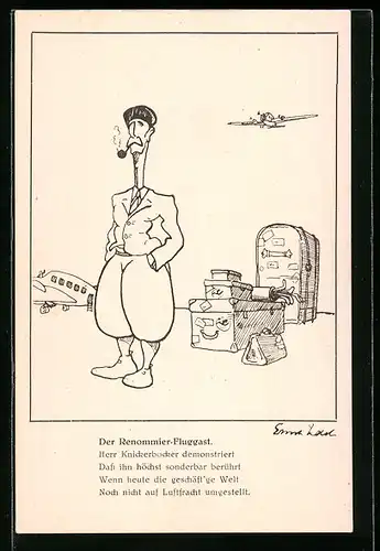 Künstler-AK Der Renommier-Fluggast, Herr Knickerbocker demonstriert ..., Flugzeug