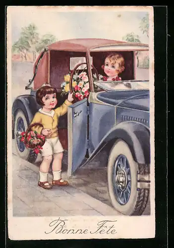 Künstler-AK Bonne Fête, Gratulanten mit Blumen im Auto
