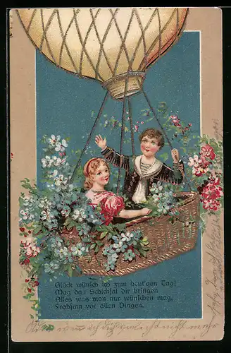 Präge-AK Zwei Kinder mit Blumen im Ballonkorb