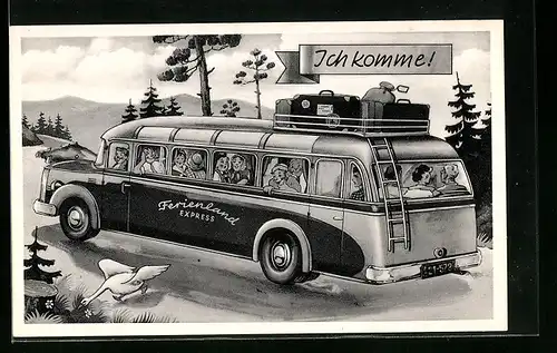 Künstler-AK Ich komme!, Ferienland Express, Reisebus
