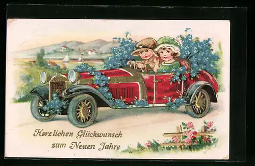 Künstler-AK Kleine Gratulanten im Veilchen geschmückten Auto