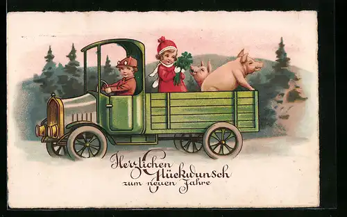 Künstler-AK Herzlichen Glückwunsch zum neuen Jahre!, Kinder mit Lastwagen und Schweinen