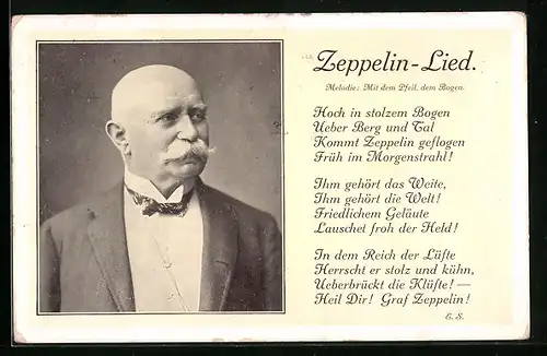 AK Portrait von Graf Zeppelin mit Liedtext