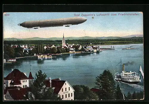 AK Friedrichshafen a. B., Graf Zeppelin`s Luftschiff überfliegt die Stadt