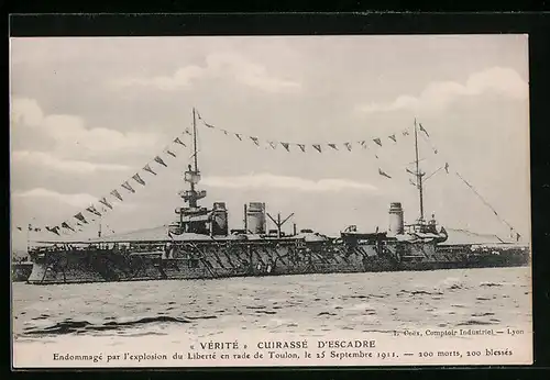 AK Vérité, Cuirasse D`Escadre, Endommage par l`explosion du Liberté en rade de Toulon, Kriegsschiff
