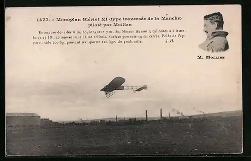 AK Monoplan Blériot XI, type Traversée de la Manche, pilote par Mollien
