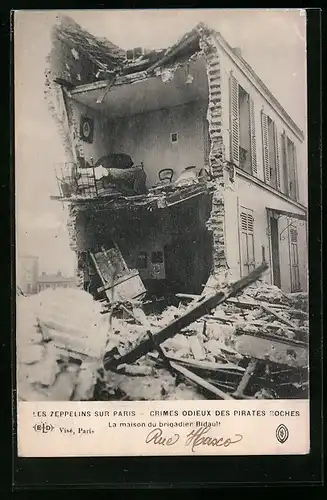 AK Paris, Les Zeppelins, Crimes odieux des Pirates Boches, La maison du brigadier Bidault