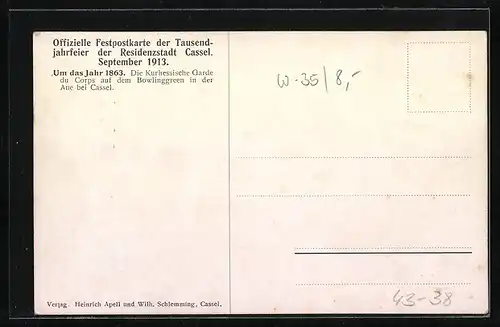 Künstler-AK Kassel, Tausendjahrfeier 1913, Kavalleristen der Kurhessischen Garde du Corps auf dem Bowlinggreen 1913