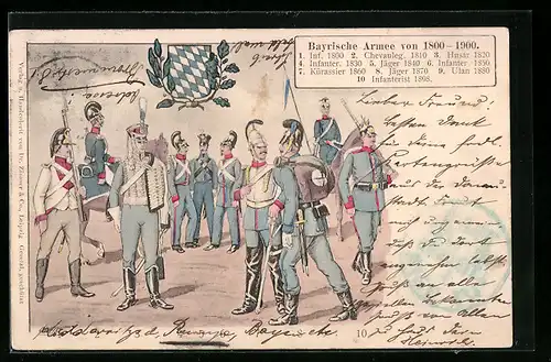AK Soldaten in Uniform, Bayrische Armee von 1800-1900, Infanterie 1800, Chevauleger 1810, Husar 1820