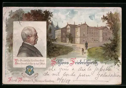 Lithographie Fürst Otto von Bismarck im Seitenporträt, Blick auf Schloss Friedrichsruh, Erinnerung an seinen Tod 1898