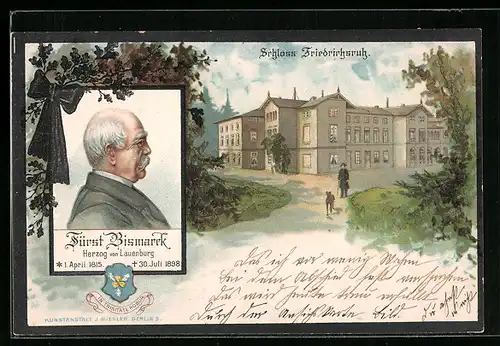 Lithographie Fürst Otto von Bismarck im Seitenporträt, Blick auf Schloss Friedrichsruh, Erinnerung an seinen Tod 1898