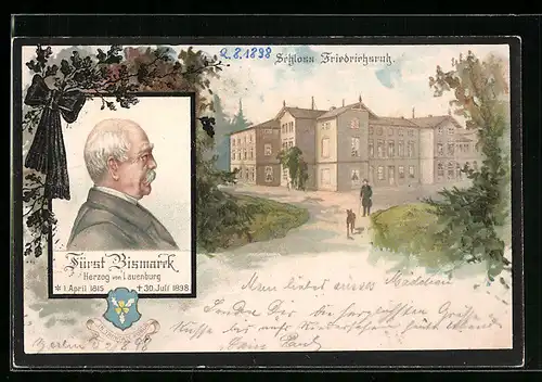 Lithographie Fürst Otto von Bismarck im Seitenporträt, Blick auf Schloss Friedrichsruh, Erinnerung an seinen Tod 1898