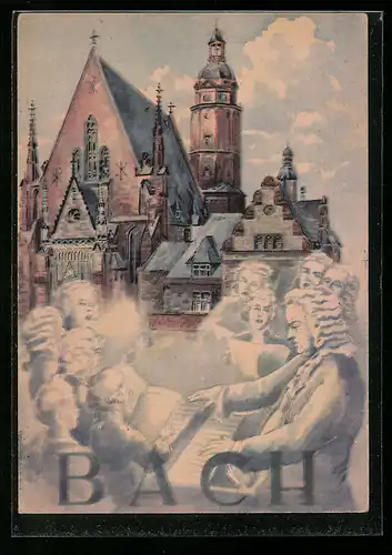 Künstler-AK Leipzig, Leipziger Messe, Bach, Ortspartie