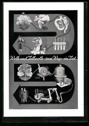 AK Das Wunder der Zellwolle, Wolle und Zellwolle, Zwei Wege...ein Ziel, Holzhackmaschine, Schneidemaschine