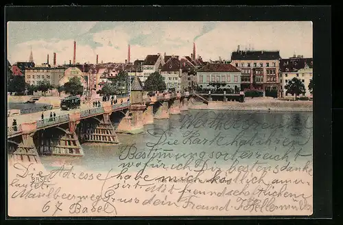 AK Basel, Uferpartie und Brücke mit Strassenbahn