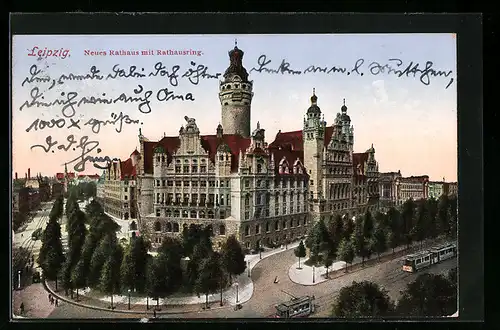 AK Leipzig, Neues Rathaus mit Rathausring, Strassenbahn