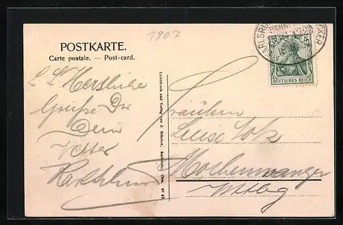 AK Karlsruhe, Blick von der Bernharduskirche aus mit Strassenbahn