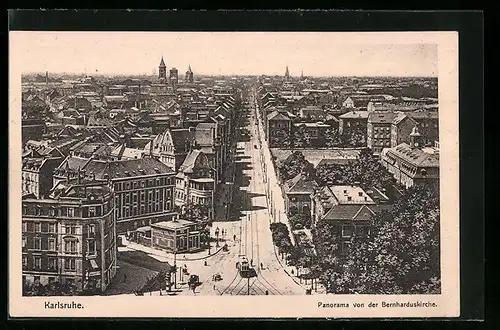 AK Karlsruhe, Strassenpartie mit Strassenbahn von der Bernharduskirche aus gesehen