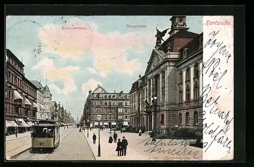 AK Karlsruhe, Kaiserstrasse mit Hauptpost und Strassenbahn
