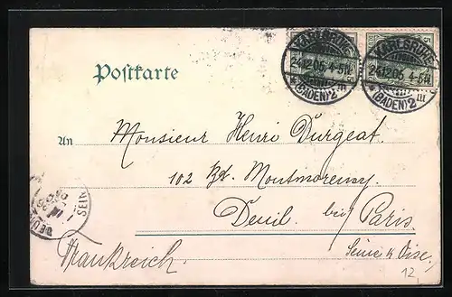 AK Karlsruhe, Kaiserstrasse mit Hauptpost und Strassenbahn