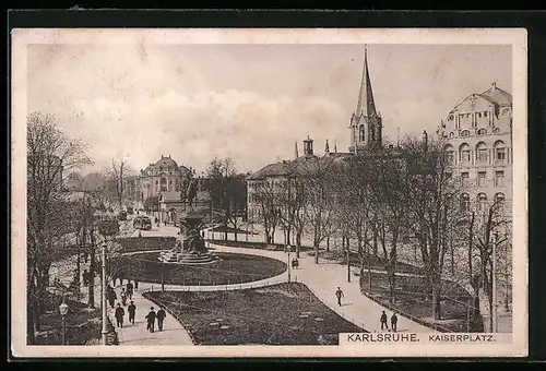 AK Karlsruhe, Kasierplatz mit Denkmal und Strassenbahn