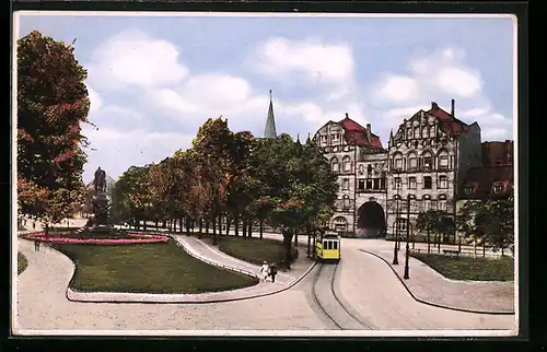 AK Karlsruhe, Kaiser Wilhelm-Platz mit Strassenbahn