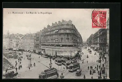 AK Marseille, La Rue de la République, Strassenpartie mit Strassenbahn
