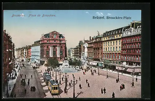 AK Brüssel, Brouckère-Platz mit Denkmal und Strassenbahn