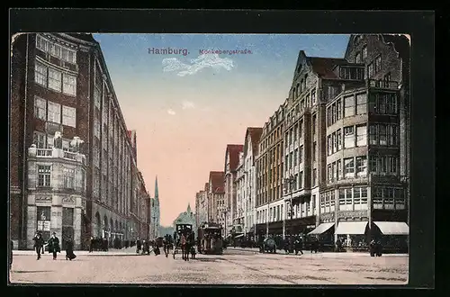 AK Hamburg, Mönkebergstrasse mit Geschäften und Strassenbahn
