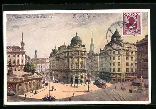 Künstler-AK Wien, Tegetthoffstrasse mit Stefansdorm und Strassenbahn