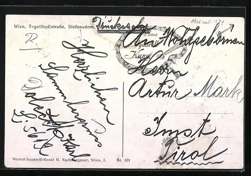 Künstler-AK Wien, Tegetthoffstrasse mit Stefansdorm und Strassenbahn