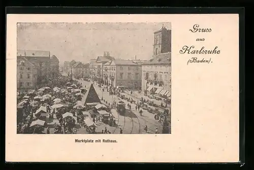AK Karlsruhe /Baden, Marktplatz mit Rathaus und Strassenbahn