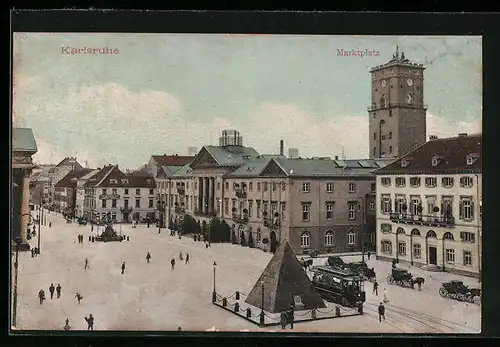 AK Karlsruhe, Marktplatz mit Strassenbahn