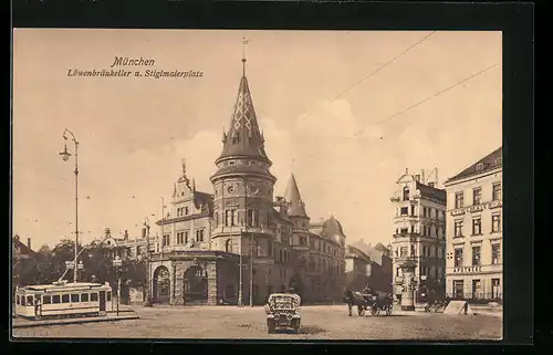 AK München, Gasthaus Löwenbräukeller und Stiglmaierplatz mit Strassenbahn