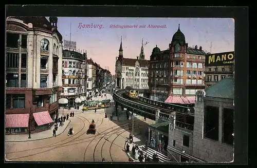 AK Hamburg, Rödlingsmarkt mit Alterwall und Strassenbahn