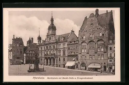 AK Pforzheim, Marktplatz mit Beckh-Bräu, Kriegerdenkmal und Strassenbahn