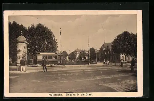 AK Mülhausen, Eingang in die Stadt mit Strassenbahn