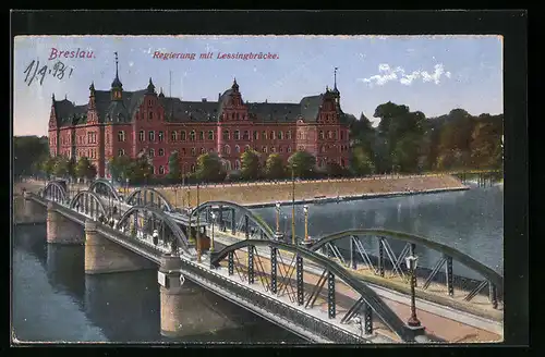 AK Breslau, Regierung mit Lessingbrücke und Strassenbahn
