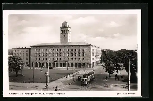 AK Karlsruhe i. B., Ettlinger Tor-Platz mit Reichspostdirektion und Strassenbahn