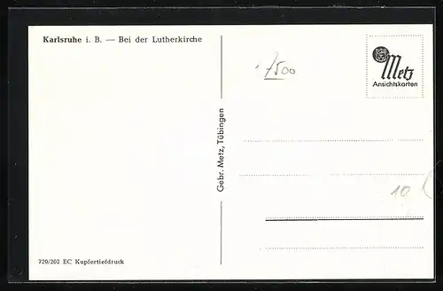 AK Karlsruhe i. B., Lutherkirche mit Strasse und Strassenbahn