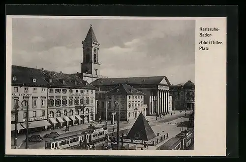 AK Karlsruhe i. B., Platz mit Strassenbahn