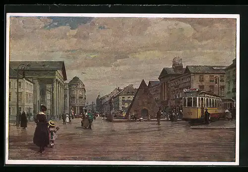 Künstler-AK sign. Prof. H. Göhler: Karlsruhe, Marktplatz mit Strassenbahn