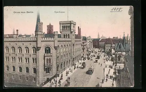 AK Berlin, Sparkassengebäude mit Strasse und Strassenbahnen aus der Vogelschau