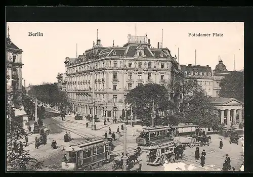 AK Berlin, Potsdamer Platz mit Strassenbahnen aus der Vogelschau